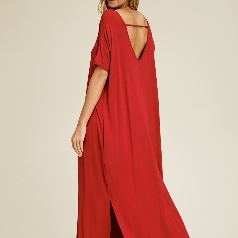 A Knit Solid T-Shirt Dress featuring a V-Neck, - Picture 2 of 4